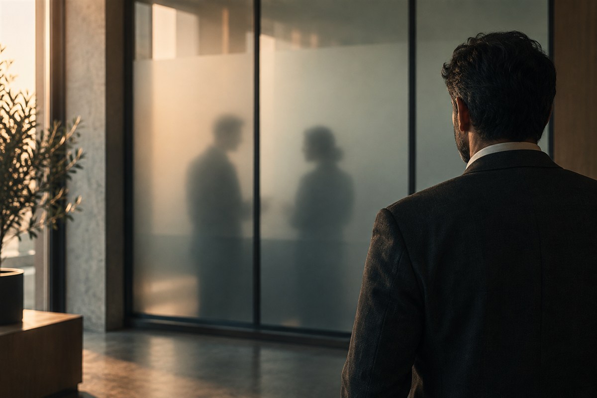 مشهد تخيلي لمدير ينظر من خلف زجاج المكتب إلى ظلال زملائه