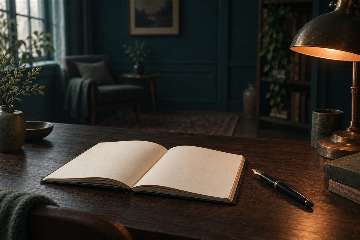 دفتر مفتوح وأدوات كتابة على مكتب بإضاءة بترولية دافئة